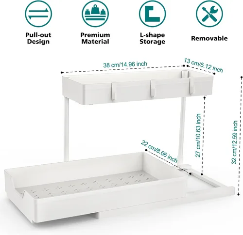 Vista 4 de IRONBOX Organizador para debajo del fregadero, paquete de 2 organizadores de baño extraíbles en forma de L, estante deslizante para almacenamiento