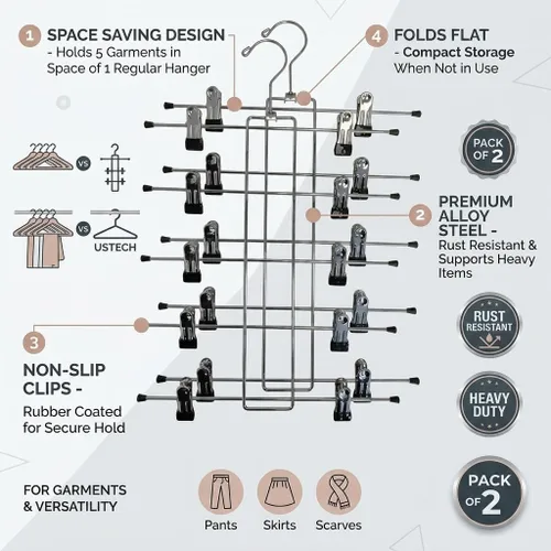 Vista 3 de Perchas de metal de 5 niveles con clips, paquete de 2 perchas de alambre que ahorran espacio, perchas de acero inoxidable resistentes