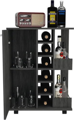 Vista 6 de Tuhome Furniture Carrito de bar con ruedas para vino y licor con puerta, 2 estantes cerrados, 6 cubos y 2 estantes laterales de exhibición