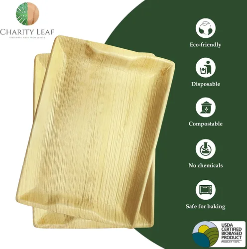 Vista 2 de Charity Leaf Bandejas desechables de hoja de palma de 14" x 10" (10 piezas) Platos para servir tipo bambú, tablas desechables, vajilla ecológica
