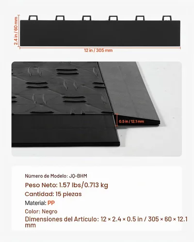 Vista 7 de VEVOR Kit de bordes de transición hembra para pisos de garaje, 15 piezas resistentes de PP modular entrelazado para bordes de suelos de garaje Negro
