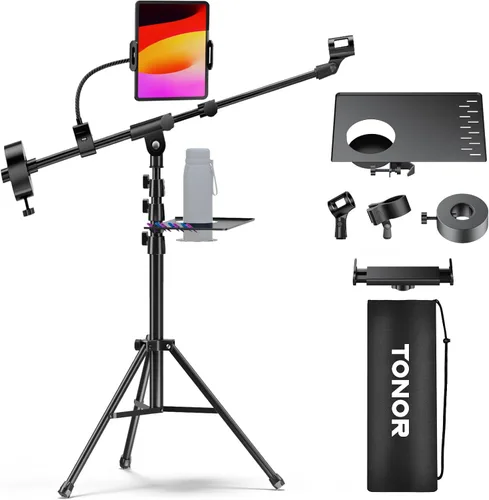 Vista 8 de TONOR Soporte para micrófono con soporte para tableta, brazo de trípode para piso, altura y ángulo ajustables, soporte resistente con bolsa