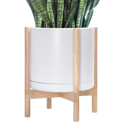 Vista 54 de D'vine Dev Maceta de cerámica con soporte de ébano – Maceta redonda moderna de 8 pulgadas con soporte para maceta de madera, color negro, 55-B-M-2
