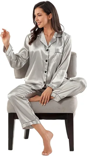 Vista 4 de Conjunto de pijama de seda para mujer, conjunto de pijama de manga larga de dos piezas, conjunto de pijama con botones, ropa de dormir