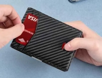 Vista 4 de Fibra de carbono PU cuero RIFD billetera, fibra de carbono negro interior negro, titular de la tarjeta de crédito minimalista con la caja de regalo