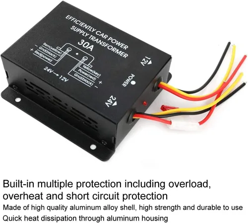 Vista 2 de Plplaaoo Convertidor descendente de 24V a 12V 30A - Convertidor de fuente de alimentación CC de 24 V a 12 V - Convertidores CC de alta corriente
