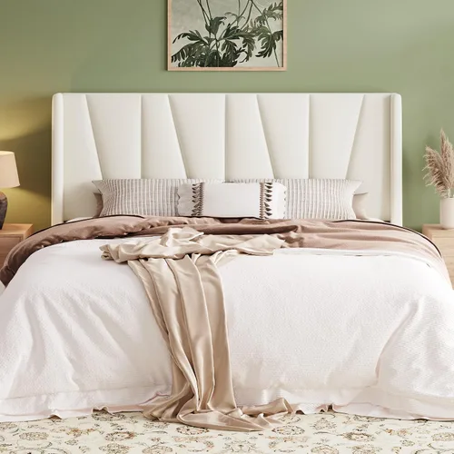 Vista 16 de Allewie Base de cama de plataforma tamaño Queen con cabecera geométrica con respaldo de alas, cama tapizada bohemia con soporte de listones de Beige