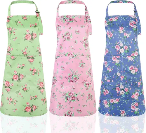 Vista 9 de Paquete de 2 delantales florales para mujer con bolsillos, delantal de cocina ajustable para cocinar, hornear, jardinería, manualidades