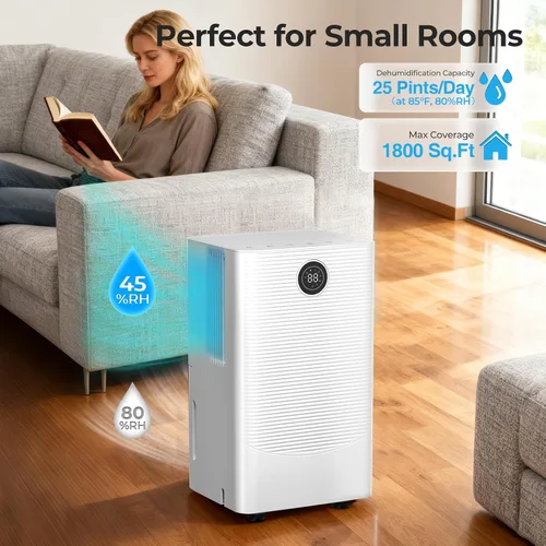 Vista 2 de Electactic Deshumidificador de 25 pintas para dormitorio, baño, sótano, silencioso de 38 dB, control de humedad preciso, 3 modos, manguera
