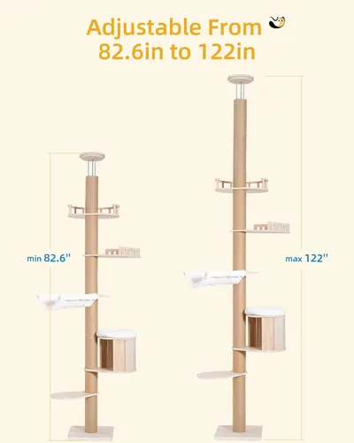 Vista 4 de Aechonow Árbol alto de piso a techo para gatos grandes, torre para gatos con poste rascador, altura ajustable (82-122 pulgadas), cama cueva grande