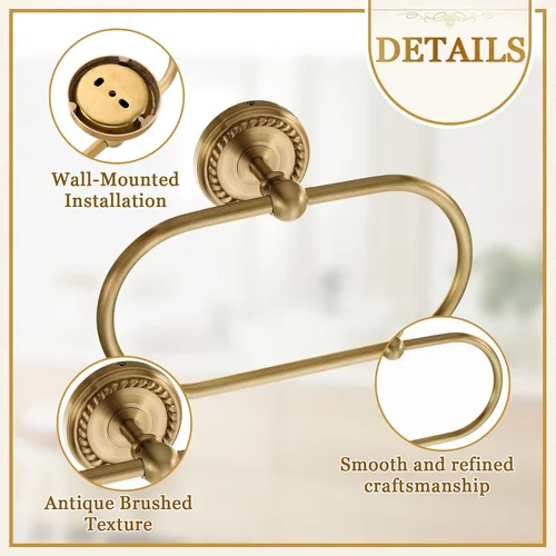 Vista 3 de Juego de 4 Piezas de Accesorios de Baño de Latón Antiguo Dorado Montados en la Pared Toallero y Anillo para Toallas y Portapapel Higiénico y Gancho