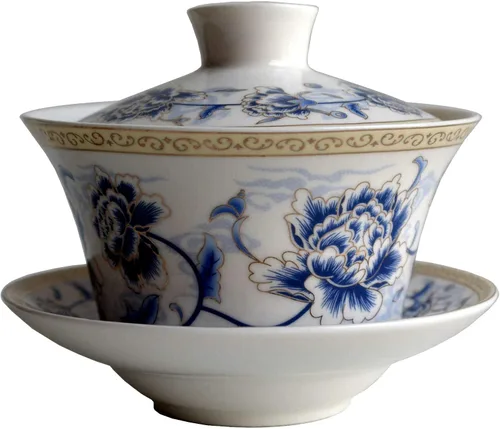 Vista 12 de Liang baobao Juego de Té Tradicional Gaiwan con Tapa y Platillo Taza de Té Gongfu de Porcelana Diseño Azul de Loto Tazas de 200ml