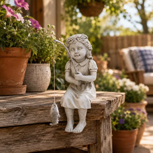 Vista 8 de Goodeco Estatua de jardín de Fishergirl – Pequeño pescador de 11 pulgadas para estanque Koi o cascadas, estatua junto a la piscina con guijarros que