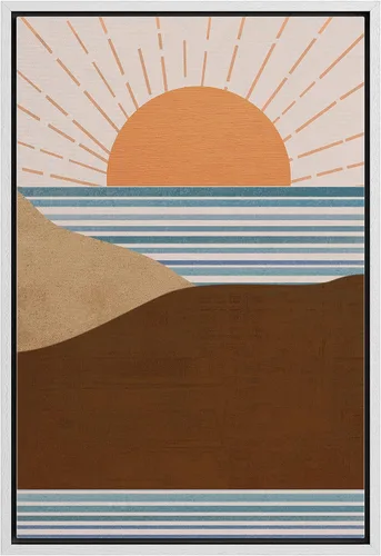 Vista 57 de bestdeal depot Lienzo enmarcado para pared, arte geométrico de sol y montaña, reflejo del mar, naturaleza, ilustraciones de área silvestre, arte
