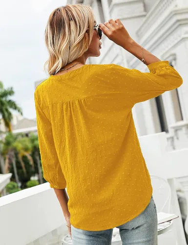 Vista 5 de LOMON - Blusas informales de manga 34, con cuello henley en v y botones, de plumetí con pliegues en la espalda para mujer, tallas de la S a la XXL
