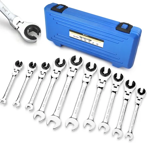 Vista 11 de Llave combinada de trinquete con cabezal flexible abierto, juego de 6 llaves de trinquete SAE con cabezal flexible de 180°, 72 engranajes de acero