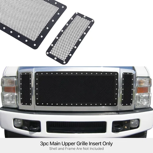 Vista 3 de APS Compatible con Ford F-250 F350 F450 F550 2008-2010 XLT lariat King Ranch Principal Superior Acero Inoxidable Negro Malla Remache Studs Front