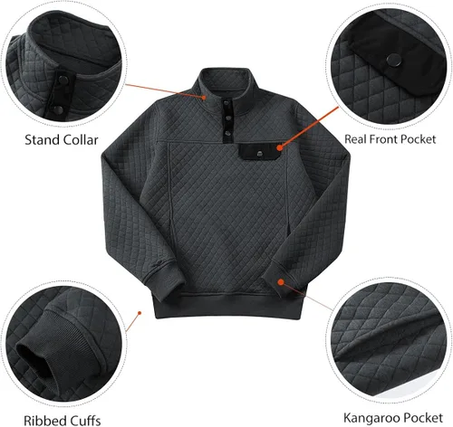 Vista 3 de JMIERR Men's Quilted Sweatshirt Casual Long Sleeve Outdoor Stand Collar Button Pullover Sweatshirts
