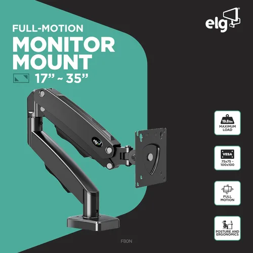 Vista 2 de ELG Brazo de monitor de resorte de gas, movimiento completo, alcance de 20.9 pulgadas, pantallas de 17-35 pulgadas, 19.8 libras, inclinación