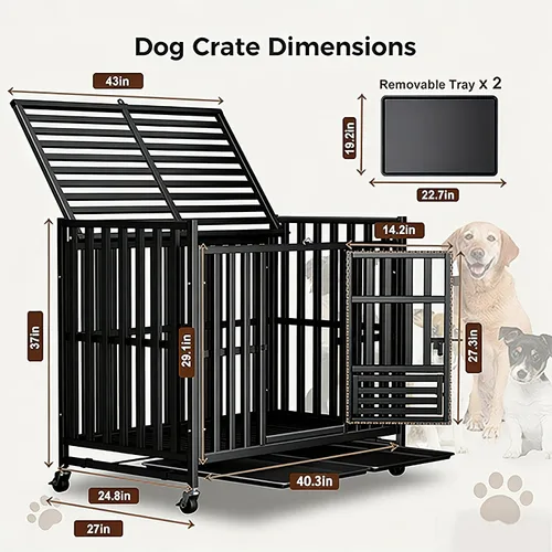 Vista 8 de Jaula para Perros de Servicio Pesado, Jaula Indestructible a Prueba de Escape para Perros con Alta Ansiedad, Perrera de 3 Puertas con 4 Ruedas