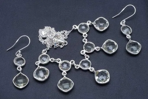 Vista 2 de Conjunto de joyas de plata de ley 925 con amatista verde natural de 17.0 in y pendientes 1.75" A3522