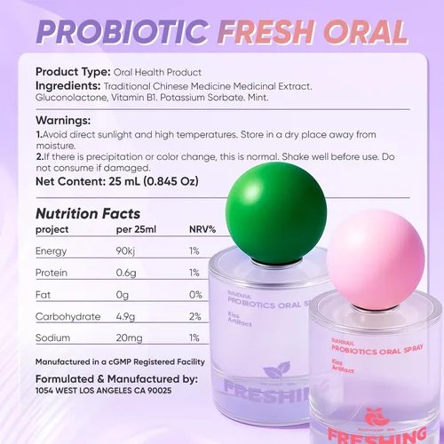 Vista 9 de Spray oral probiótico, combo de sabor a menta y melocotón, espray de aliento con prebióticos y probióticos, frescura duradera, sin alcohol, cómodo