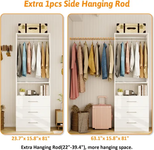 Vista 4 de Sistema de armario con cajones de madera, sistema de organización de armario de 4 pies con cajones y varillas para colgar y para vestidores, 2