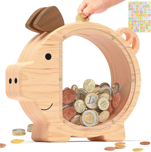 Vista 9 de Summidate Alcancía de madera para niños, niñas, niños y adultos, grandes facturas irrompibles, cambio de monedas, tarro de ahorro de dinero, regalo