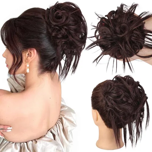 Vista 33 de HMD - Extensiones de cabello tipo chongo alborotado con rodelo despeinado, banda elástica de goma, extensiones de cabello sintético para mujer