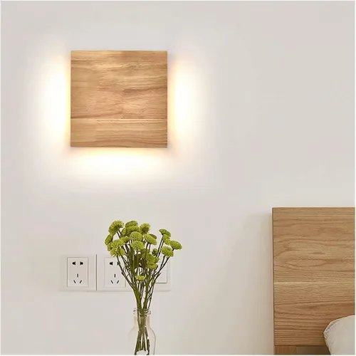 Vista 5 de Lámpara de pared LED de madera, aplique de pared cuadrada, lámpara de pared para interiores de 9 W, con acrílico, lámparas de cabecera de madera