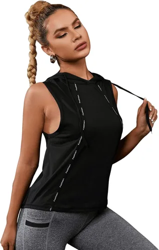 Vista 3 de SweatyRocks Camiseta sin mangas con capucha para mujer, con estampado de letras, de secado rápido