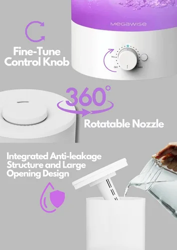 Vista 3 de MegaWise Humidificadores de niebla fría para bebés, dormitorio, guardería, hogar y oficina, vaporizador ultrasónico súper silencioso, recarga