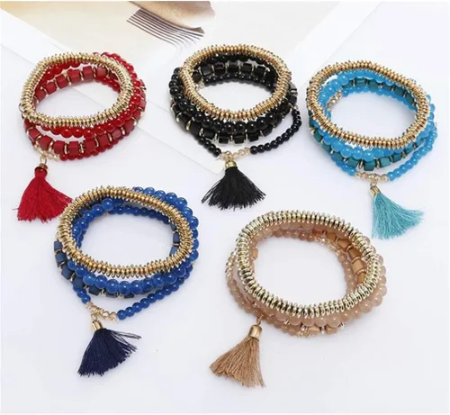 Vista 3 de YAZILIND Pulseras de cuentas de múltiples capas elásticas apilables pulsera Strand Beach brazalete bohemio borla colgante pulsera conjuntos