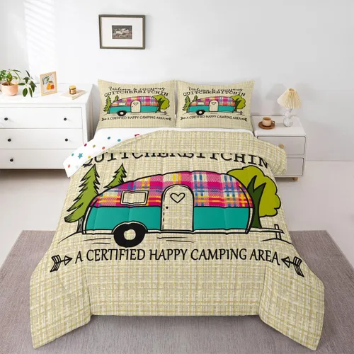 Vista 24 de Erosebridal Juego de edredón de cabaña de cabaña, juego de ropa de cama individual para niños, edredón de campamento con temática de campamento