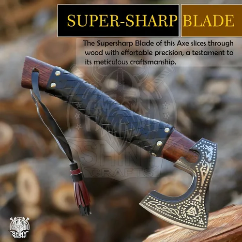 Vista 6 de SHINY CRAFTS - Hacha vikinga barbuda, hacha de madera de valknut para regalo de cumpleaños, hacha vikinga real, hacha barbuda, hacha real
