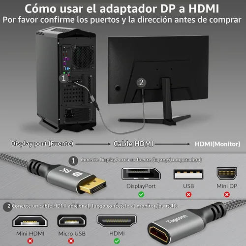 Vista 5 de Adaptador DisplayPort a HDMI de 8K, unidireccional DP 1.4 macho (fuente) a HDMI 2.1 hembra (pantalla), conector DP macho a HDMI 8K a 60Hz, 4K a
