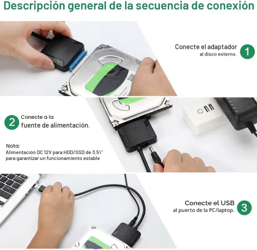 Vista 9 de Adaptador SATA a USB 3.0, cable convertidor de disco duro externo para disco duro de 2.5" 3.5", SSD con fuente de alimentación