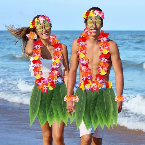Vista 7 de Falda de hierba para niñas para fiesta de Luau, falda hawaiana de hula con flores Leis para decoración de fiesta de playa y Hawaii Luau