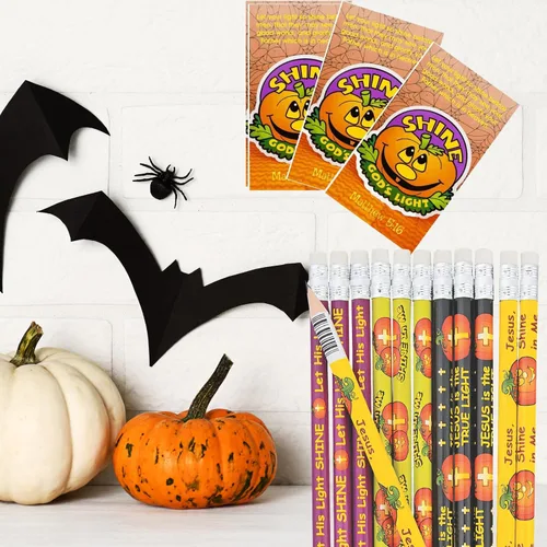 Vista 6 de Biblebanz 24 juegos de lápices de calabaza cristiana con Let Your Light Shine a granel calabaza Halloween tarjetas de bolsillo tronco o golosina
