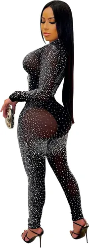 Vista 2 de Conjunto de 2 piezas sexy de malla con diamantes de imitación para mujer pantalones ajustados para fiesta club conjunto deportivo