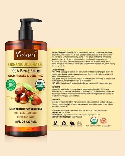 Vista 7 de Yoken Aceite de jojoba orgánico USDA prensado en frío, 8 onzas líquidas, 100% puro y natural, aceite de jojoba sin refinar para masajes faciales