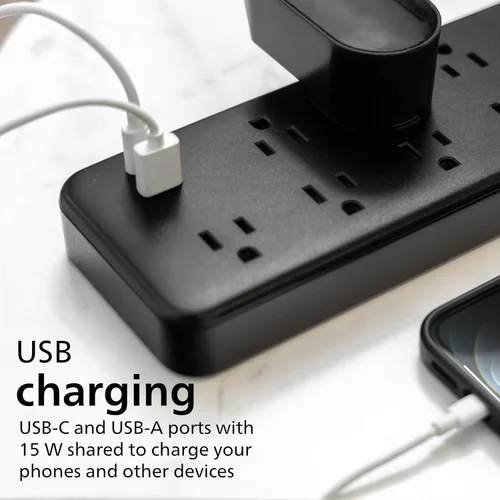 Vista 5 de Philips Protector de sobretensiones de 9 salidas con carga USB, cable de extensión trenzado de 6 pies, 1USB-A, 1USB-C, 2400J, espaciado
