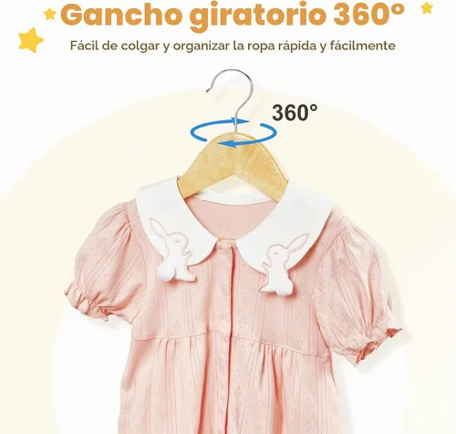Vista 6 de HOUSE DAY Perchas de madera para el armario, paquete de 20 perchas de madera para ropa de bebé, percha de madera resistente con barra antideslizante
