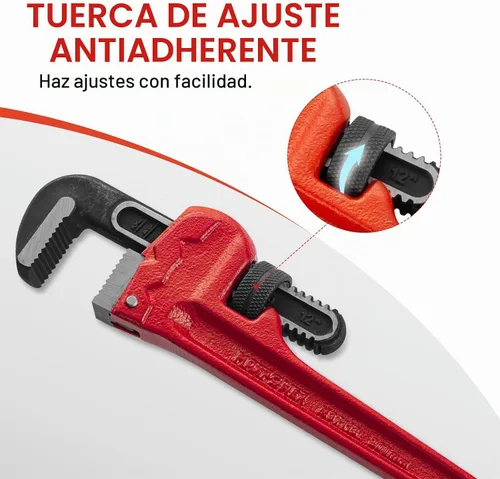 Vista 2 de MAXPOWER Llave de tubo recto de 12 pulgadas, llave de fontanero ajustable resistente, herramienta de plomería de acero tratado térmicamente