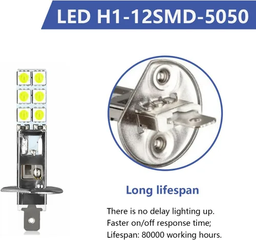 Vista 3 de 4 lámparas antiniebla LED H1 para automóvil, 2.4 pulgadas x 0.4 pulgadas, metal súper brillante 12SMD-5050 chip Plug and Play, bombillas LED de haz