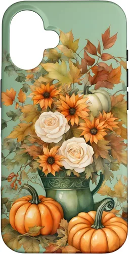 Vista 32 de Vintage Autumn Flower Fall Pumpkin Teal Case for iPhone 17