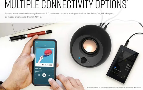 Vista 5 de Creative Pebble V3 Minimalistic 2.0 Altavoces de escritorio USB-C con audio USB, mejora de diálogo claro, Bluetooth 5.0, 8 W RMS con 16 W de Negro