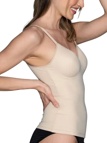 Vista 2 de Vanity Fair Camiseta moldeadora para mujer con brasier integrado, control de barriga, camisola moldeadora para mujer Damasco neutro.