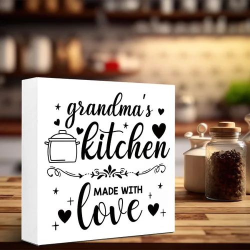 Vista 6 de LVQHI Letreros divertidos de madera para cocina, diseño de Kithcen de la abuela hecho con amor, caja de madera para estante de cocina, decoración