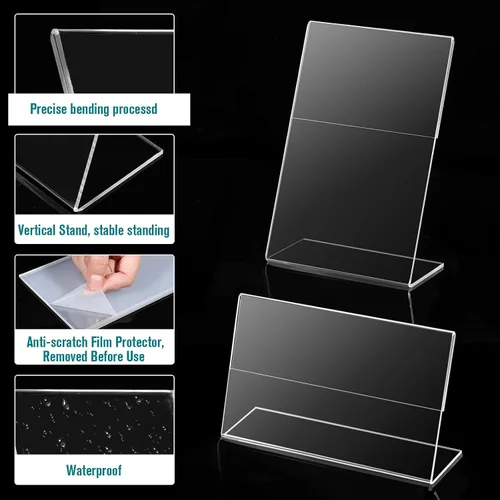 Vista 4 de Yulejo 24 soportes acrílicos para letreros, soporte de exhibición de fotos transparente para folletos, soporte de acrílico inclinado para el hogar